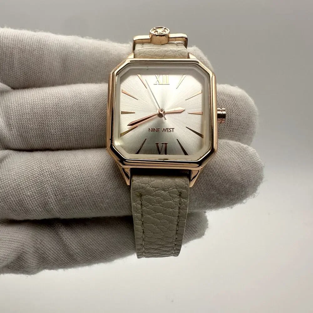 Nine West Women's Rose Gold-Tone Quartz Watch White Leather Strap